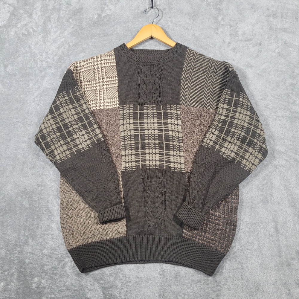 Vintage Woods & Gray Sweater Men Large Brown Patchwork Cable Knit Plaid Pullover
